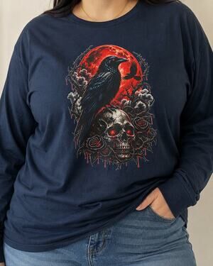 Glitzy Girlz 2X Black Raven Red Moon Skull Gothic Long Sleeve Graphic T-Shirt